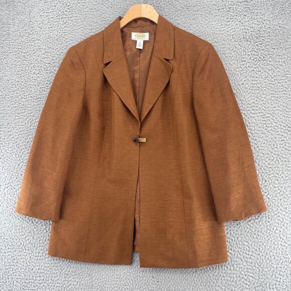 Talbots Blazer Womens 12 Petite Brown Silk Linen Notch Lapel Office Career Work - Picture 1 of 9